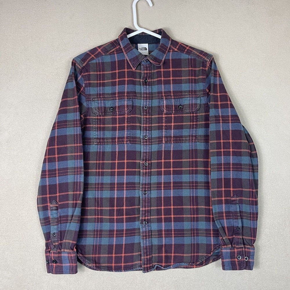 The North Face Shirt Men Small Red Blue Plaid Long Sleeve Button Up Hiking Adult